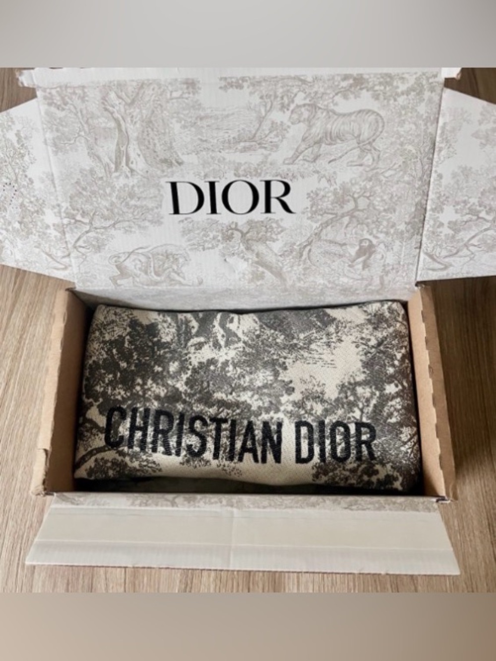 New DIOR Toile De Jouy Cloth Tote Bag Grey Gray White Animal Jungle fabric